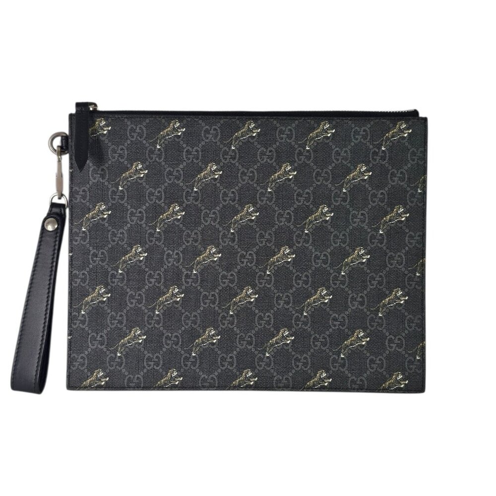 GUCCI Supreme Portfolio Grey Tiger GG Monogram Canvas Leather Wristlet Bag